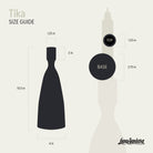 Tika size guide with measurements on a white background